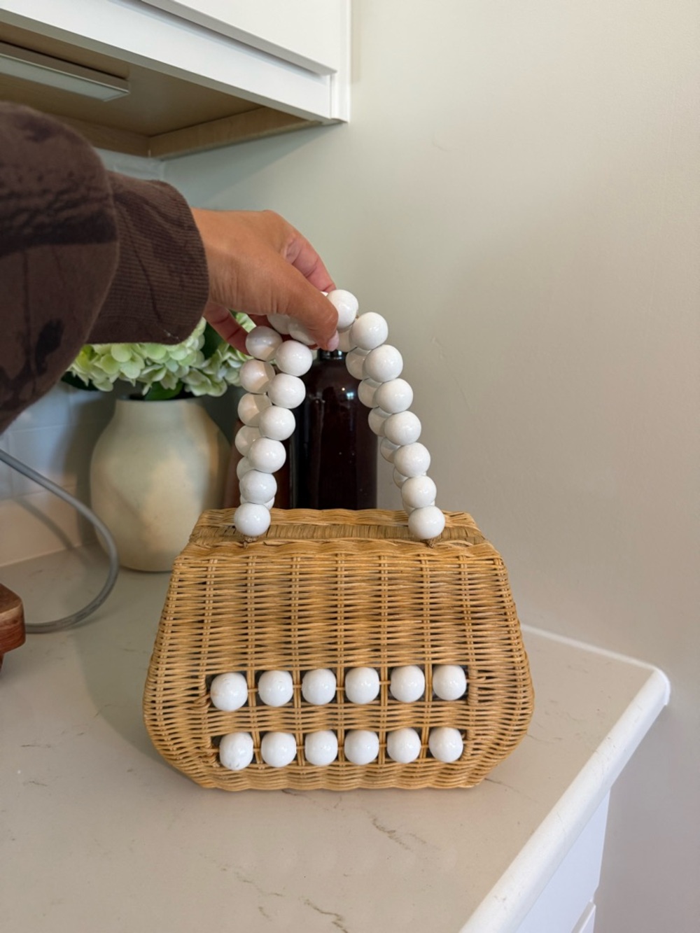 Anthropologie Woven Mini Bag with White Bead Handle